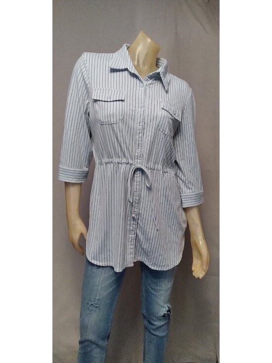 City Hearts Tops - City Hearts Blue Striped Collared 3/4 Sleeve Blouse Top Shirt Womens USED MEDIUM